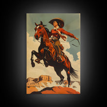 Load image into Gallery viewer, Elegant Cowgirl Commanding Horse | Framed Canvas Print | Western Wall Art | Living Room Decor | Rustic Home Decor