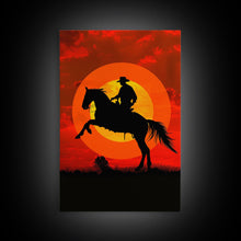 Load image into Gallery viewer, Cowboy on Horse with Dramatic Sunset Background | Framed Canvas Print | Western Silhouette Art | Sunset Cowboy Wall Art for Bedroom