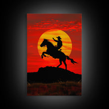 Load image into Gallery viewer, Dynamic Cowboy Horse Ride Silhouette at Sunset | Framed Canvas Print | Western Wall Art | Sunset Horseback Wall Art for Home Decor