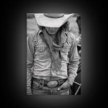 Load image into Gallery viewer, Cowboy with Hat and Scarf Looking Down in Black and White for Western Wall Art, Canvas Prints, Home Decor, Living Room Art, Bedroom Art