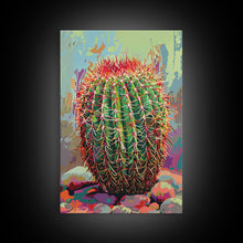 Load image into Gallery viewer, Bold Barrel Cactus Art with Red Spines - Framed Canvas Print, Vibrant Desert Decor, Living Room Art, Cactus Wall Art for Home