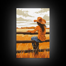 Cargar imagen en el visor de la galería, Contemplative Cowgirl on Fence Framed Canvas Print - Serene Western Decor, Country Wall Art for Living Room, Bedroom Artwork