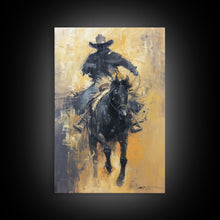 Load image into Gallery viewer, Dynamic Cowboy on Horseback Framed Canvas Print - Energetic Western Decor, Action Wall Art for Living Room, Bedroom