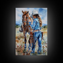 Load image into Gallery viewer, Cowboy on Rearing Horse Silhouette - Framed Canvas Print, Western Wall Art, Rustic Decor, Living Room and Bedroom Art Print