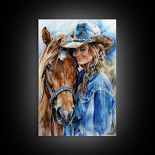 Load image into Gallery viewer, Cowgirl with Horse in Denim Outfit - Framed Canvas Print, Western Wall Art, Rustic Decor, Living Room and Bedroom Art Print