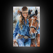 Load image into Gallery viewer, Cowgirl Embracing Horse with Hat - Framed Canvas Print, Western Wall Art, Rustic Decor, Living Room and Bedroom Art Print