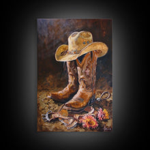 Load image into Gallery viewer, Classic Cowboy Hat and Boots Art - Framed Canvas Print, Rustic Bedroom Decor, Cowboy Themed Wall Art for Home, Western Artwork