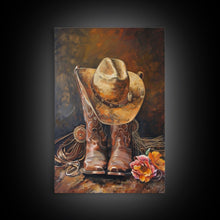 Load image into Gallery viewer, Cowboy Boots and Hat with Flowers Art - Framed Canvas Print, Rustic Wall Decor, Western Bedroom Art, Cowboy Home Decoration