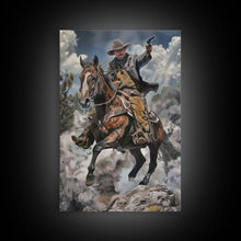 Carregar imagem no visualizador da galeria, Framed Canvas Print, Cowboy Riding Horse with Gun Wall Art, Western Style Artwork for Living Room or Bedroom Decor, Dynamic Home Art Piece