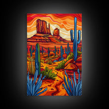 Carregar imagem no visualizador da galeria, Framed Canvas Print, Vibrant Desert Scene with Cacti and Mesas, Perfect Southwest Wall Art for Living Room or Bedroom Decor