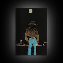Load image into Gallery viewer, Cowboy Under the Moon Print - Framed Canvas Wall Art, Rustic Western Decor, Nighttime Cowboy Artwork for Living Room, Western Night Sky