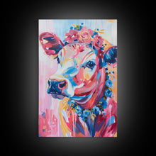 Cargar imagen en el visor de la galería, Floral Crowned Cow Portrait - Whimsical Farmhouse Wall Art, Vibrant Animal Painting, Bedroom Decor, Cute Cow Canvas Print