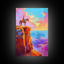 Load image into Gallery viewer, Cowboy on Cliff Edge at Sunset - Colorful Western Landscape Painting, Sunset Wall Art, Living Room Decor, Cowboy Canvas Print