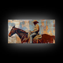 Load image into Gallery viewer, Cowboy on Horseback, Textured Background, Modern Living Room Art, Framed Canvas Print, Rustic Home Decoration, Boho Wall Art