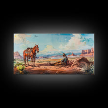 Load image into Gallery viewer, Cowboy Resting with Horse in Desert Landscape, Classic Western Art, Framed Canvas Print, Rustic Wall Decor, Living Room Decoration