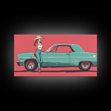 Load image into Gallery viewer, Cowgirl Leaning Against Classic Car in Pop Art Style, Vibrant Framed Canvas Print for Bedroom, Perfect Living Room Wall Art