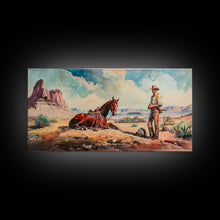 Load image into Gallery viewer, Cowboy and Horse in Desert Landscape, Rustic Farmhouse Art, Framed Canvas Print, Western Decor, Living Room Wall Art, Country Style