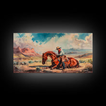 Load image into Gallery viewer, Cowboy Comforting Horse in Open Plains, Farmhouse Western Decor, Framed Canvas Print, Country Living Art, Rustic Wall Art for Home