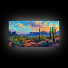 Load image into Gallery viewer, Desert Sunset with Cacti and Mountains, Abstract Southwestern Art, Framed Canvas Print, Rustic Boho Wall Decor, Living Room Art
