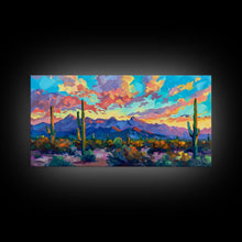 Load image into Gallery viewer, Expansive Desert Landscape at Sunset, Colorful Southwestern Art, Framed Canvas Print, Boho Living Room Wall Decor, Desert Scene