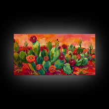 Load image into Gallery viewer, Bright Desert Flowers and Cacti with Mountains, Vibrant Framed Canvas Print for Home, Boho Wall Art, Nature Lover's Decor