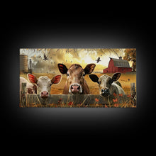 Carregar imagem no visualizador da galeria, Cute cows peeking through barn fence, Framed Canvas Print, ideal for farmhouse living room, country style wall art decor