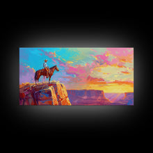Load image into Gallery viewer, Cowboy Watching Sunset Over Canyon, Farmhouse Style Framed Canvas Print for Living Room Wall Art, Vibrant Home Decor, Western Landscape