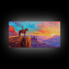 Load image into Gallery viewer, Cowboy and Horse with Canyon View, Farmhouse Style Framed Canvas Print for Bedroom Wall Art, Vibrant Home Decor, Western Scenic Art