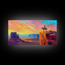 Load image into Gallery viewer, Cowboy with Horse on Cliff Edge, Farmhouse Style Framed Canvas Print for Living Room Wall Art, Vibrant Home Decor, Western Scenic Art