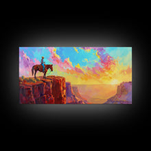 Load image into Gallery viewer, Cowboy on Horse Under Vibrant Sky, Farmhouse Style Framed Canvas Print for Bedroom Wall Art, Rustic Home Decor, Western Scenic Art