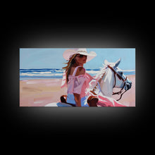 Load image into Gallery viewer, Elegant Cowgirl on Horse by the Shore, Beautiful Framed Canvas Print, Ideal for Coastal Living Room Art, Beach Bedroom Decor, Horse Wall Art