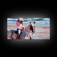 Load image into Gallery viewer, Cowgirl in Pink Shirt Riding Horse by the Sea, Beautiful Framed Canvas Print, Coastal Living Room Art, Beach Bedroom Decor, Horse Art