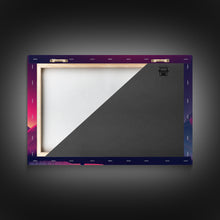 Load image into Gallery viewer, Beautiful stag and sunset, synthwave landscape art, framed canvas print, nature print, pastel and pink art