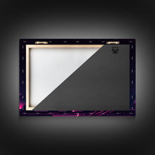 Load image into Gallery viewer, Cyberpunk city skyline superimposed over a sunset, synthwave style dystopian art, framed canvas print