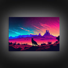Carregar imagem no visualizador da galeria, Cute fox in an Arizona desert landscape, framed canvas print, framed wall art, synthwave art