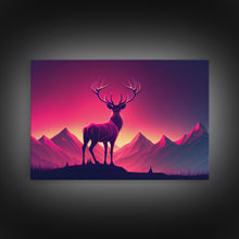 Load image into Gallery viewer, Beautiful stag and sunset, synthwave landscape art, framed canvas print, nature print, pastel and pink art