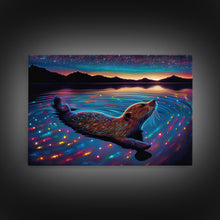 Carregar imagem no visualizador da galeria, Cute beaver swimming at midnight, vaporwave aesthetic animal print art, starry night beaver, framed canvas print