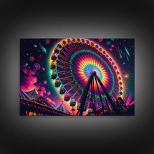 Cargar imagen en el visor de la galería, Colorful boardwalk art, neon lit night time ferris wheel, framed canvas print, framed wall art