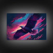 Carregar imagem no visualizador da galeria, Bald eagle in flight, vaporwave aesthetic art, eagle against a pastel sunset sky, framed canvas art, framed print