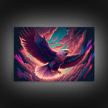 Load image into Gallery viewer, Birds of Prey art, bioluminescent Bald eagle, vaporwave art animal print, framed canvas print, framed canvas print, wall art with frame