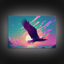 Carregar imagem no visualizador da galeria, Bald eagle in flight, vaporwave sunset, vaporwave art, framed canvas print, pink and turquoise art