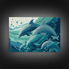 Load image into Gallery viewer, Dolphins in the Ocean, Turquoise dolphin art, framed canvas print, wall art with frame