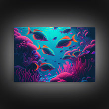 Load image into Gallery viewer, Coral Reef art, synthwave aesthetic ocean art, school of fish, framed canvas art, framed wall art canvas print
