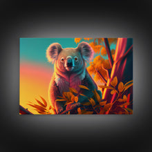 Cargar imagen en el visor de la galería, Cute Koala bear at sunset, vaporwave animal art, framed canvas print, framed wall art, ready to hang