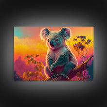 Load image into Gallery viewer, Cute Koala bear at sunset, vaporwave animal art, framed canvas print, framed wall art, ready to hang, synthwave art