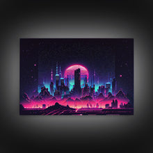 Load image into Gallery viewer, Cyberpunk city skyline superimposed over a sunset, synthwave style dystopian art, framed canvas print