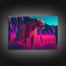 Cargar imagen en el visor de la galería, Cheetah on the hunt, vaporwave art, sunset hunter, framed canvas print, framed wall art
