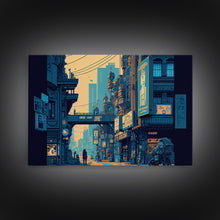 Carregar imagem no visualizador da galeria, 8 bit pixel art cyber punk city, video game concept art, framed canvas print, game room art