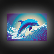 Load image into Gallery viewer, Dolphin riding a wave, cute animal prints, vaporwave animal art, framed canvas print