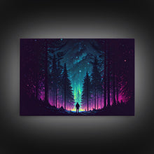 Cargar imagen en el visor de la galería, Contemplating the stars, vaporwave aesthetic, forest art, starry night, framed canvas print